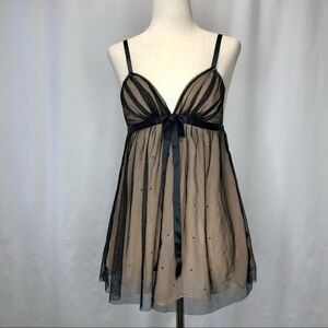 Victoria’s Secret babydoll camisole black netting over tan rhinestones S
